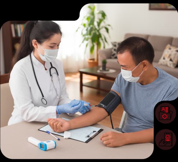 At Home Blood Test & Collection Services In Malaysia Healthcare professional visiting a patient at home for consultation & medical services in Malaysia.