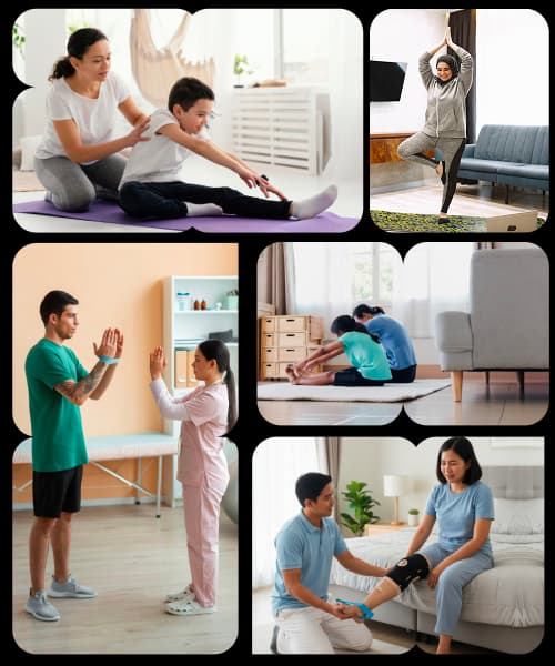 Benefits of Choosing Home Physiotherapy Services, Malaysia Patients of all ages receiving home physiotherapy services tailored to recovery and mobility needs.